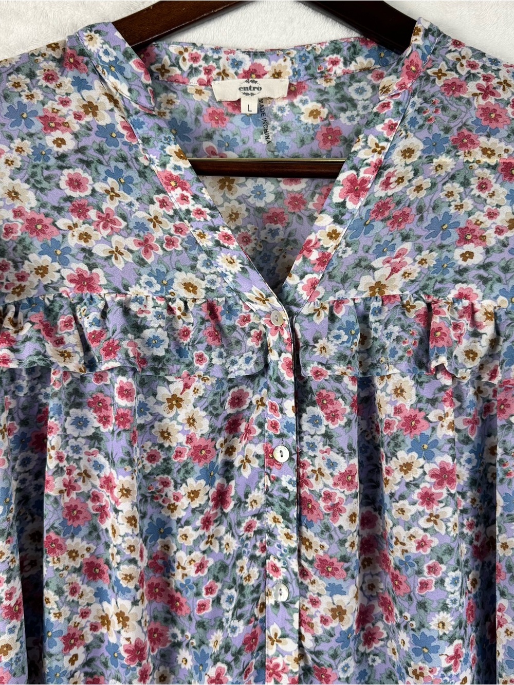 Entro Floral Ruffle Blouse Statement Sleeve Sheer Romantic Prairie Top L - Picture 5 of 9